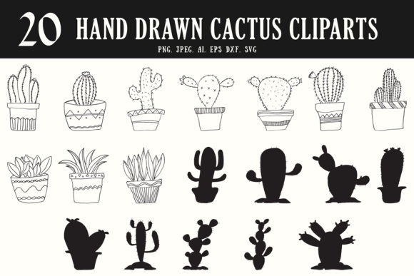 20 HandDrawn Cactus Cliparts