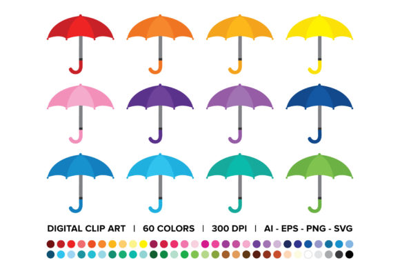 Umbrellas and Raindrops Clip Art Set